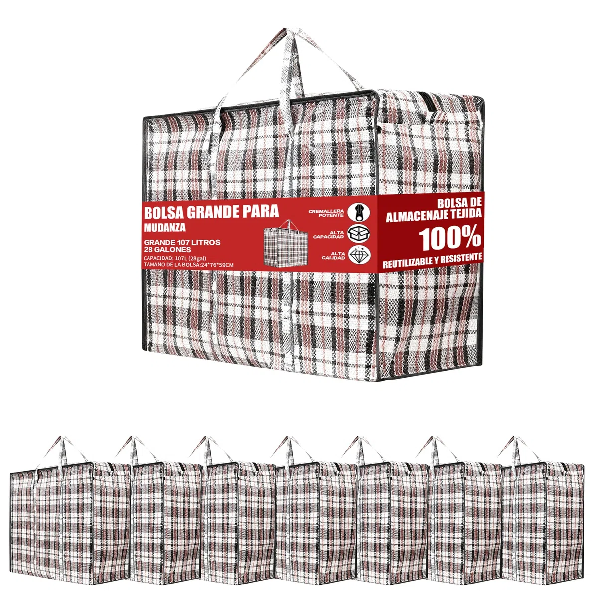 PACK8 Bolsa de Rafia GRANDE para Mudanza y Almacenaje 76x59x24 cm – Reutilizable, Impermeable, con Cremallera y Asas Resistentes