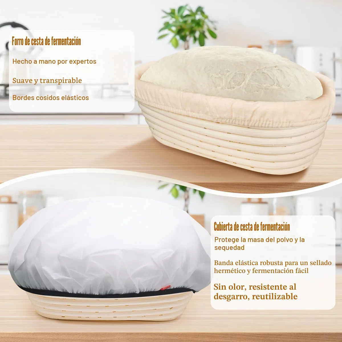 Banetones para Pan Ovalado 28cm para 700g Masa, Set Cesta Pan Hecho Mano Ratán con Lino, Tapas, Raspador, Cuchillo Lame, Cesta de Fermentación de Iniciación Perfecto