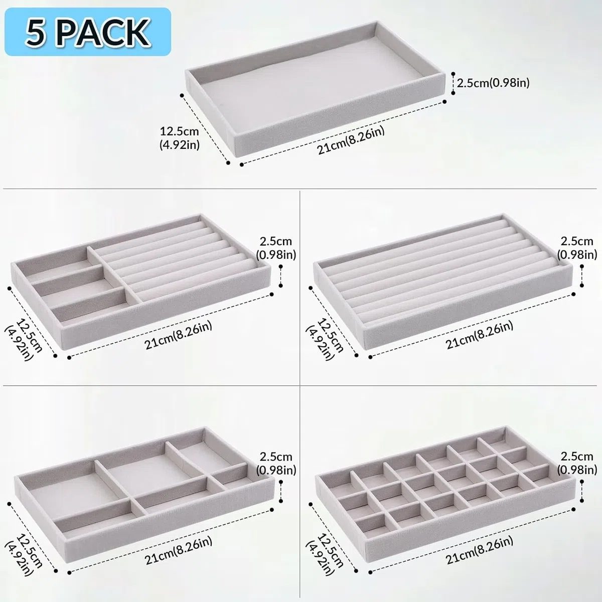 5Pcs Bandejas de Joyería,Bandeja de Terciopelo Apilables de Joyas,6/3/18/0cuadrículas,Bandeja Almacenamiento de Joyas Organizador deJoyas para Mujer y Niña,Joyas Anillos Pulseras Relojes-Gris