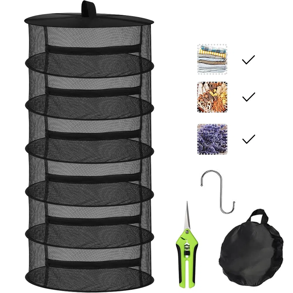 Red de secado para hierbas, 6 capas para plantas, especias y hierbas, con tijeras de podar y ganchos, plegable con cremallera (negro y negro)