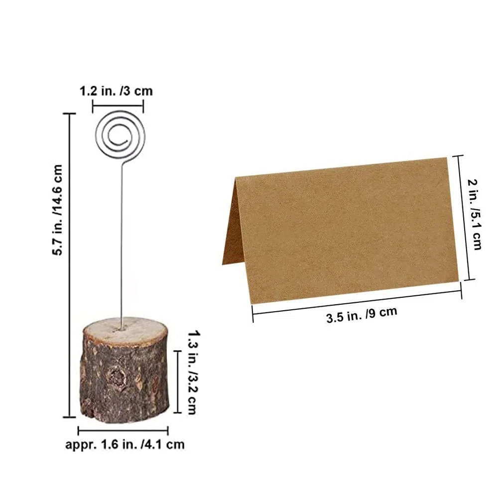Voarge Soporte de madera rústica, con base de madera real, Memo Clip Portafotos Portanotas de Tocón Soporte para Tarjetas de Mesa Titular de Número y Foto, 20pcs con clip