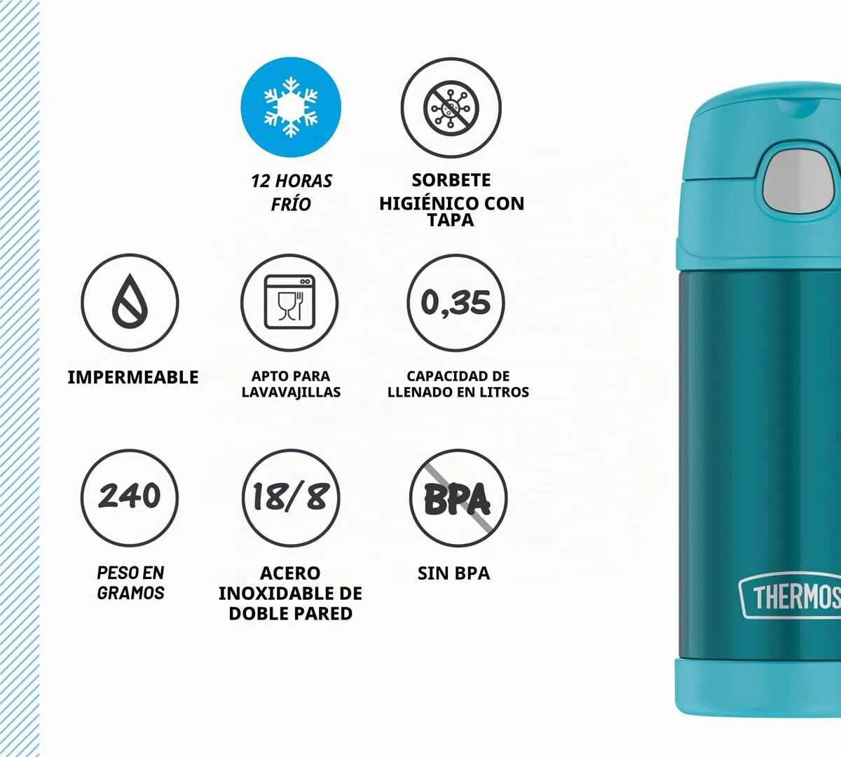 THERMOS Kids Funtainer Straw Bottle 0,35 l, termo para niños de acero inoxidable, con pajita, frío 12 horas, absolutamente hermético, para escuela, guardería, pausa