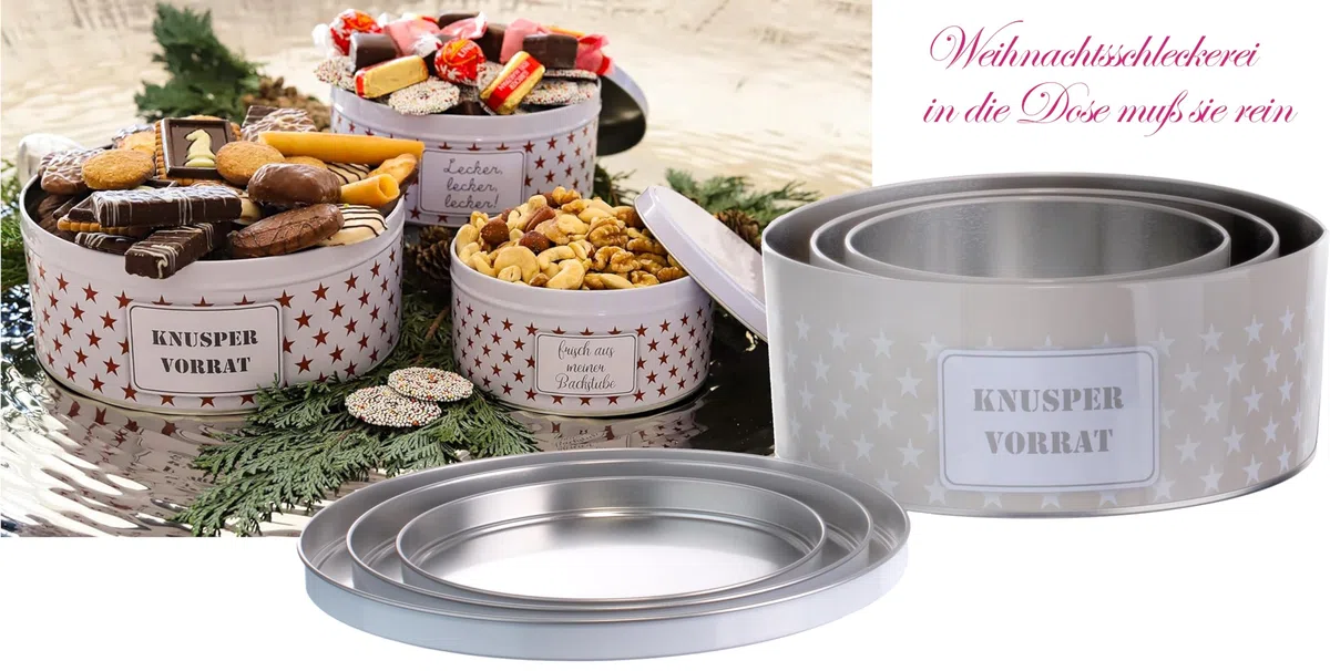 Brandsseller Juego de 3 latas para galletas de metal – redondas, apilables y con tapa – aptas para alimentos, ideales para guardar dulces, galletas y pastas navideñas – diseño estrellas gris