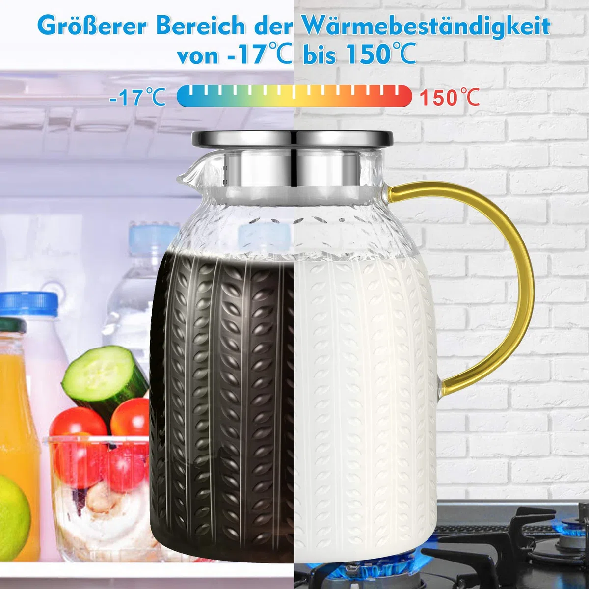 Aofmee Jarra Agua Cristal, Botella Agua Cristal 1,8 Litro con Cepillo, Jarra Agua con Tapa de Acero Inoxidable, Jarra para Agua, Té, Zumo, Leche y Sangria, Bebidas frías y Calientes