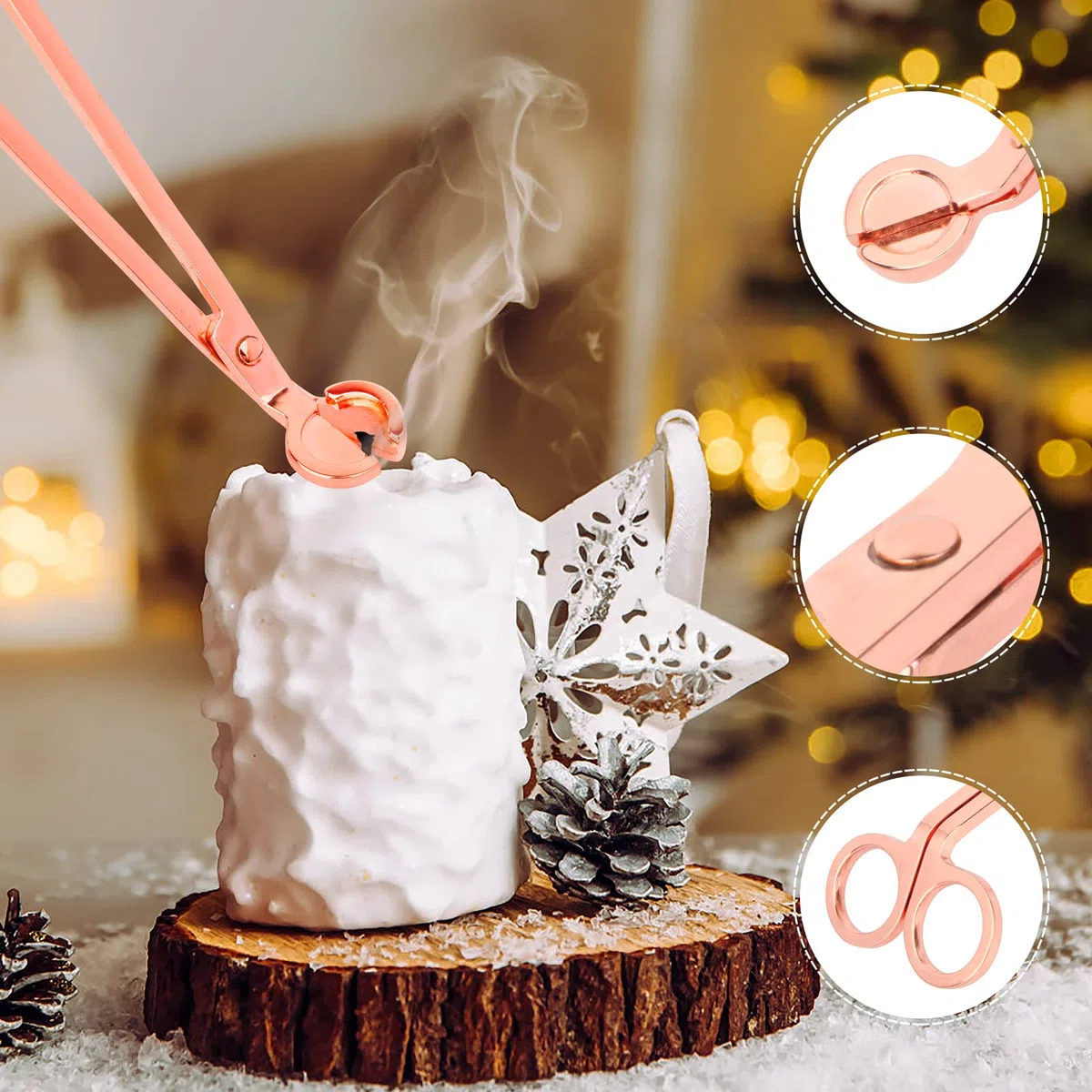 Apagador de Velas, 3 en 1 Set de Herramientas para Velas Apaga con Recortador de Mechas Apagavelas y Cazo Mecha de Vela, Tijeras para Velas, Candle Snuffer, Candle Wick Trimmer (Oro Rosa)