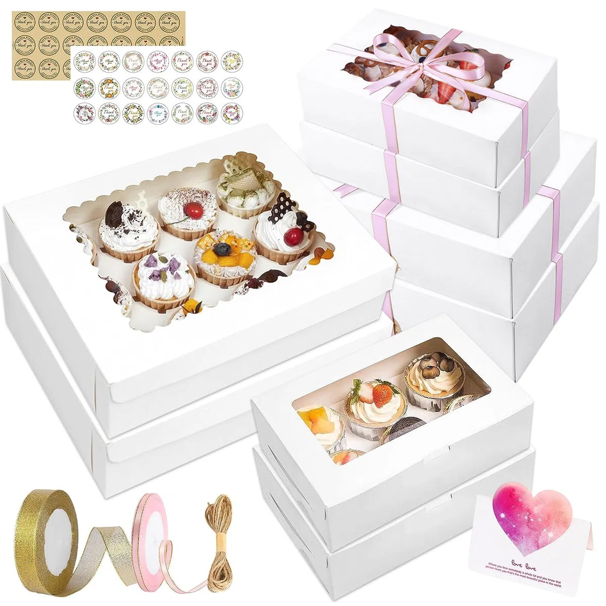 Paquete de 18 Cajas Para Cupcakes,Cajas para Magdalenas Ventana Transparente con cuerda y cinta,para Guardar/Transportar Galletas Magdalenas Cupcakes Postres Tartas