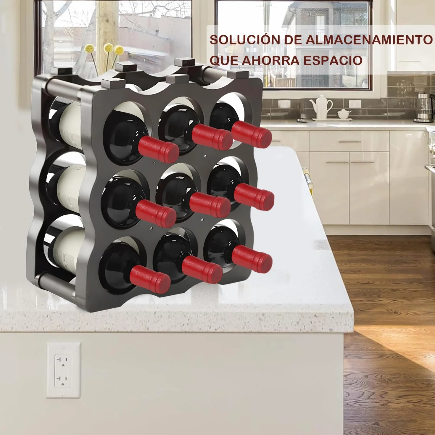 Soporte para Botellero Modular de Plástico Apilable para 9 Botellas, Estanterías para Botellas de Vino, Estante de Almacenamiento para Exhibición de Vinos, Ideal para Hogar, Bar y Bodegas