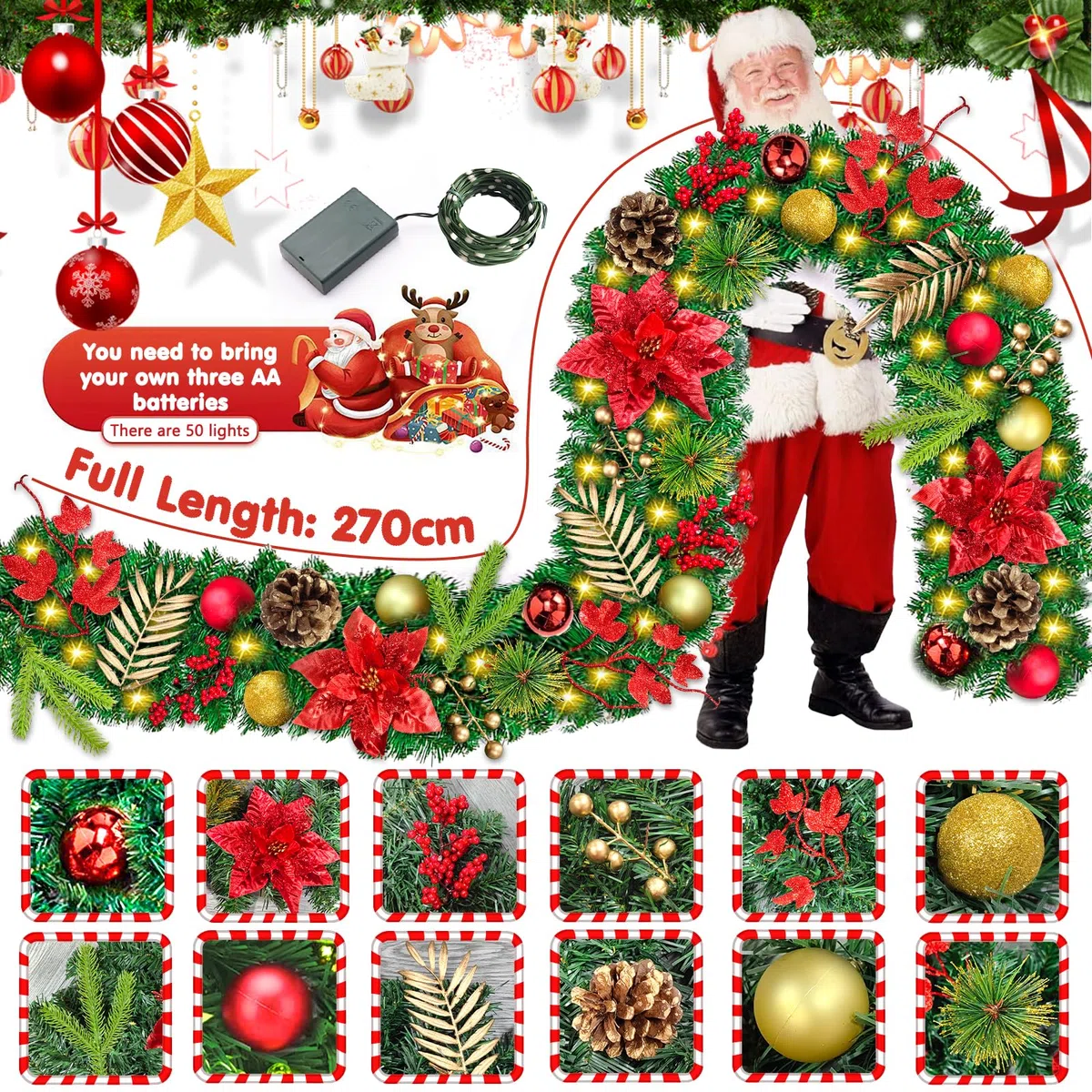 Guirnalda Navidad 270 cm con Luces - Adorno para Escaleras, Puerta, Ventana