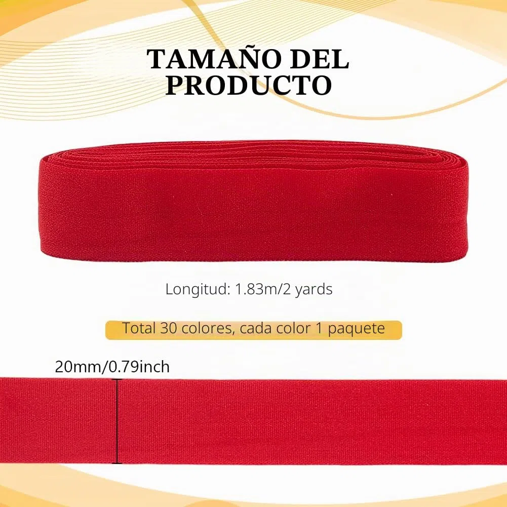 PH PandaHall Cinta elástica al bies de 30 colores, cinta de encuadernación al bies de un solo pliegue de 20 mm, tela de costura elástica, accesorios de ropa para costura, acolchado, dobladillo