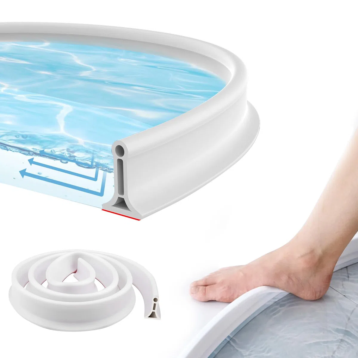 2M Barrera Agua Ducha, Barrera de Agua para Ducha Flexible y Cortable, Borde Plato Ducha Autoadhesivo, Perfil Silicona Duchapara Cocina Baño Separación en Seco y Húmedo (Blanco)