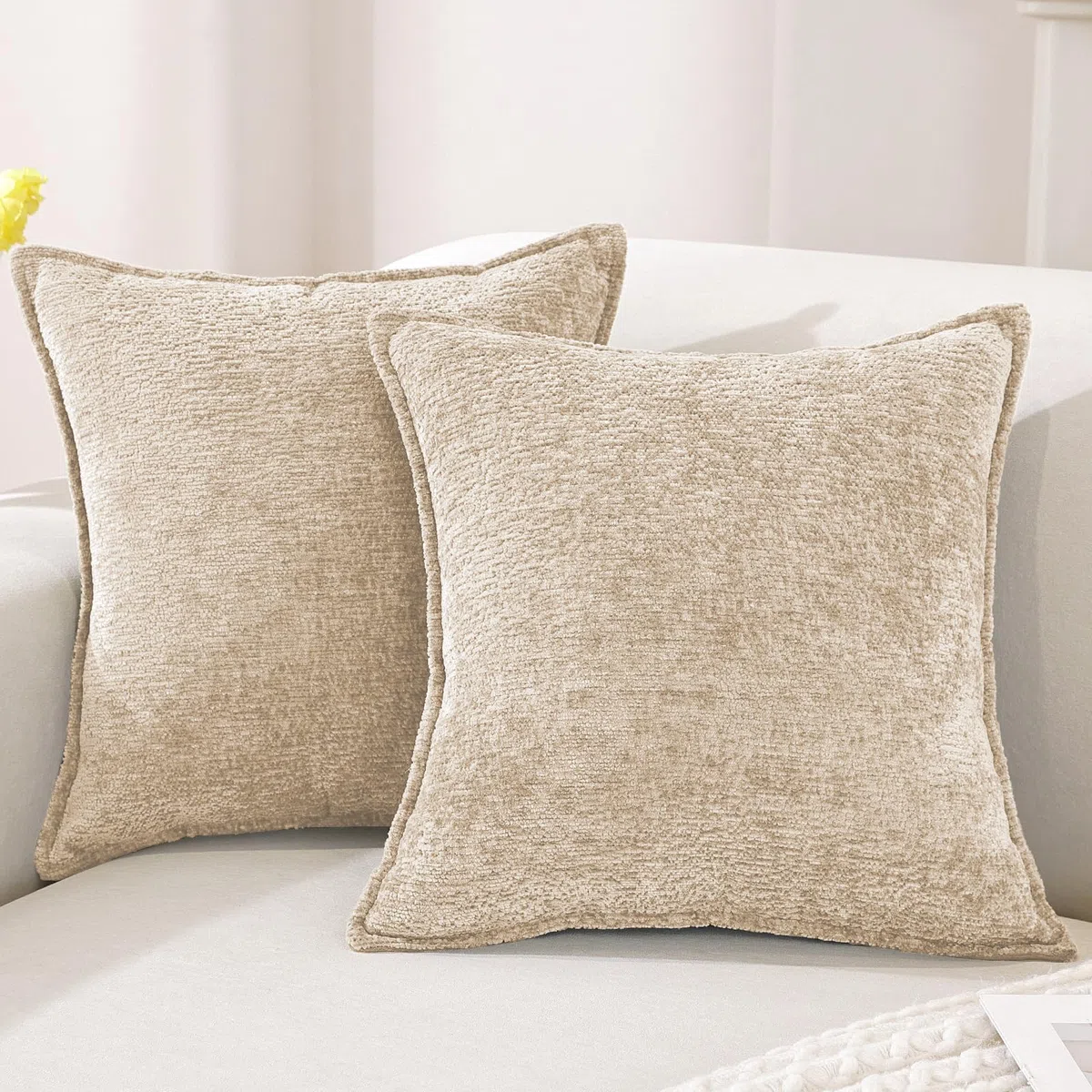 YSTELLAA Chenille Funda Cojines De para Sofa Juego De 2, 50x50, Suave Funda De Almohada Color Solido con Cremallera Invisible, Fundas De Cojines del Sofá Decorativas, Lavable, Avena