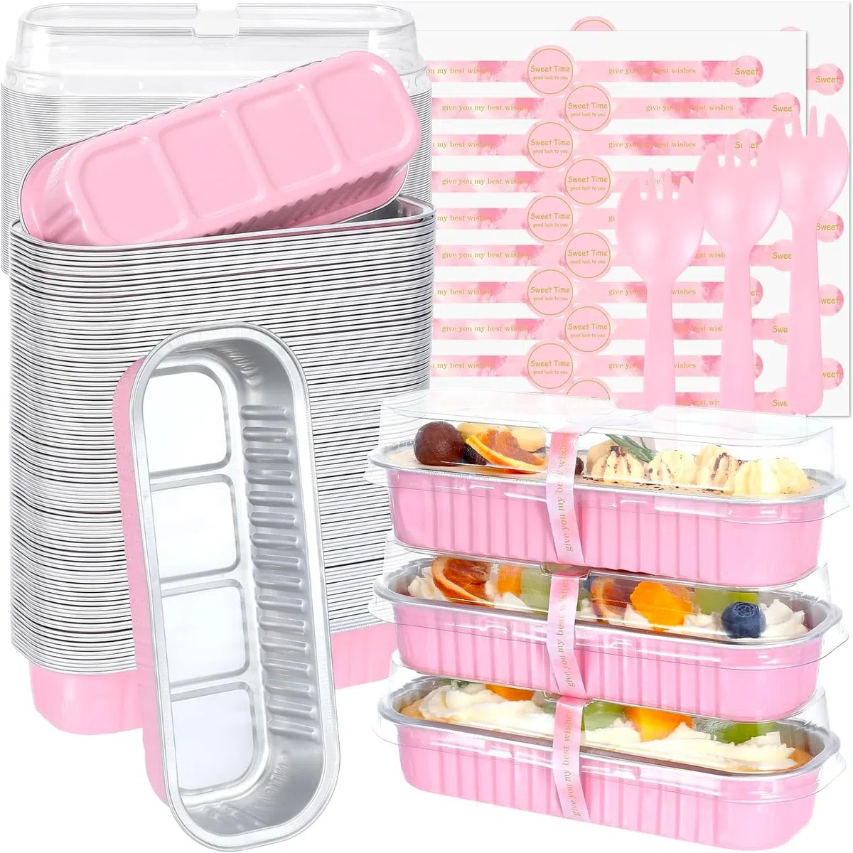 KAHEIGN 50 Piezas Mini Moldes Para Pan Con Tapas Y Cucharas, 200ml Rectangulares Aluminio Papel Contenedore para Hornear Pasteles con Pegatina de Sellado para Boda Cumpleaño Picnic Fiesta (Rosa Plata)
