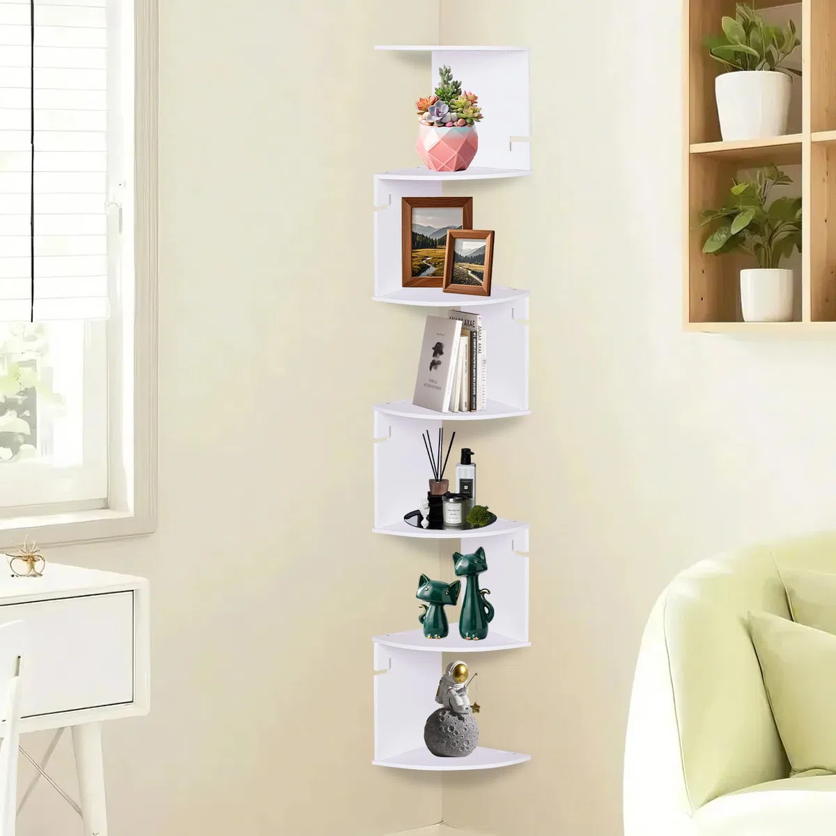 powerking Estante esquinero de montaje en pared, estantería esquinera blanca de 7 niveles, estantes flotantes, organizador de almacenamiento para sala de estar, dormitorio, baño, hogar, oficina