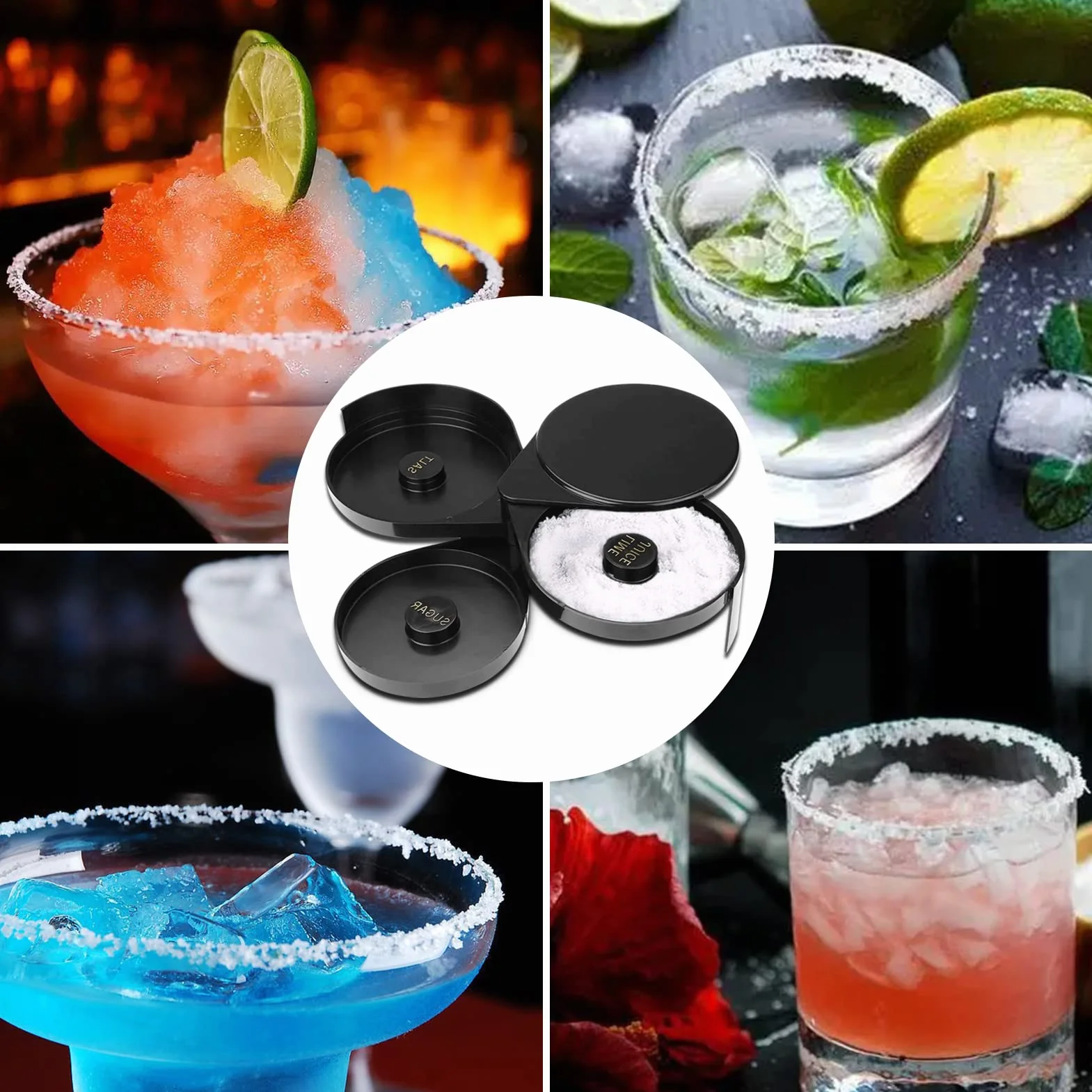 3 niveles de azúcar sal Rim, Recipiente para Especias con borde de sal de azúcar acrílico vidrio de lima para cóctel Bartender Tool Party Home Black
