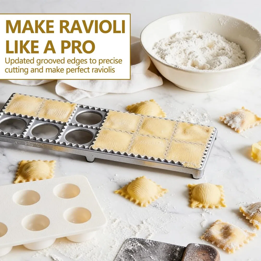 4 unidades de raviolis de aluminio con 12 agujeros, moldeador de bolas de masa con rodillo de madera para hacer raviolis, espátulas de carne para raviolis, albóndigas