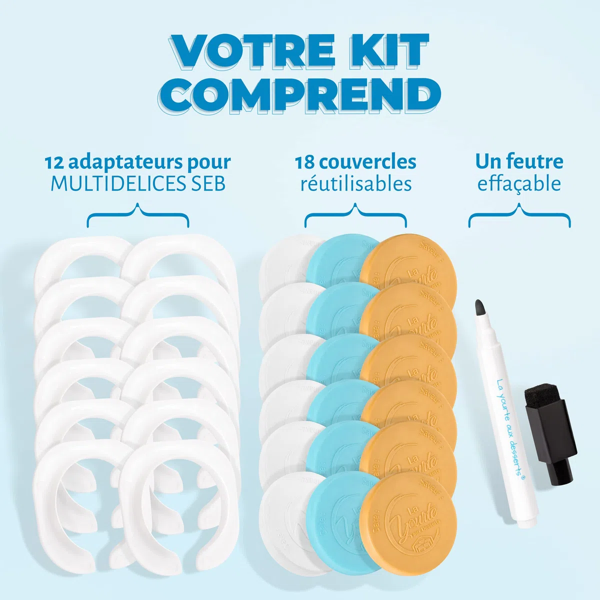 12 adaptadores para compatibilizar Sus tarros de Yogur de Cristal con la yogurtera SEB MULTIDELICES + 18 Tapas herméticas | Fieltro Gratuito