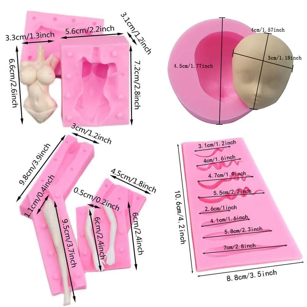 Molde de silicona 3D para cuerpo, pierna, brazo, cara, cabeza, muñecas modelo, fondant, manualidades, arcilla, reain, suministros de decoración de pasteles, herramienta para hornear (5 piezas)