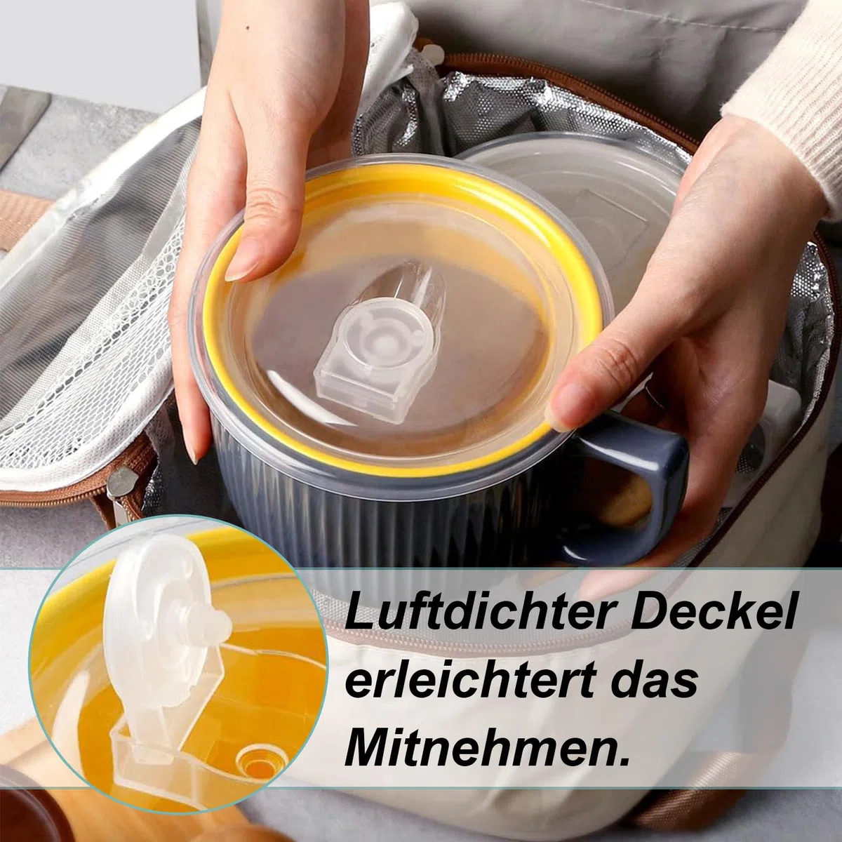 Café de Cerámica de 900ML Tazas, Tazas de Sopa con Asa, Cuencos de Cerámica con Tapa, Taza Grande de Sopa de 900ML, con Cuchara y Cepillo de Esponja, para Microondas, Lavavajillas(Gris Oscuro)