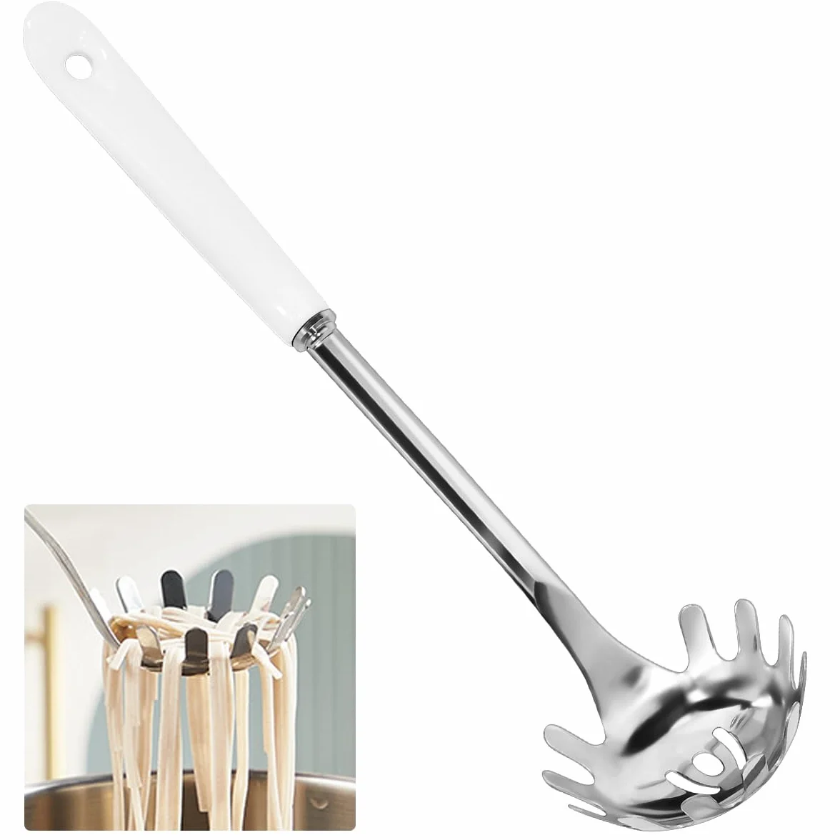 Cuchara de Pasta, Cuchara para Espaguetis de Acero Inoxidable, Cuchara para Fideos con Mango de Cerámica, Servidor de Espaguetis Colgante, Cuchara de Pasta para Cocina 30cm/11. 81 Pulgadas
