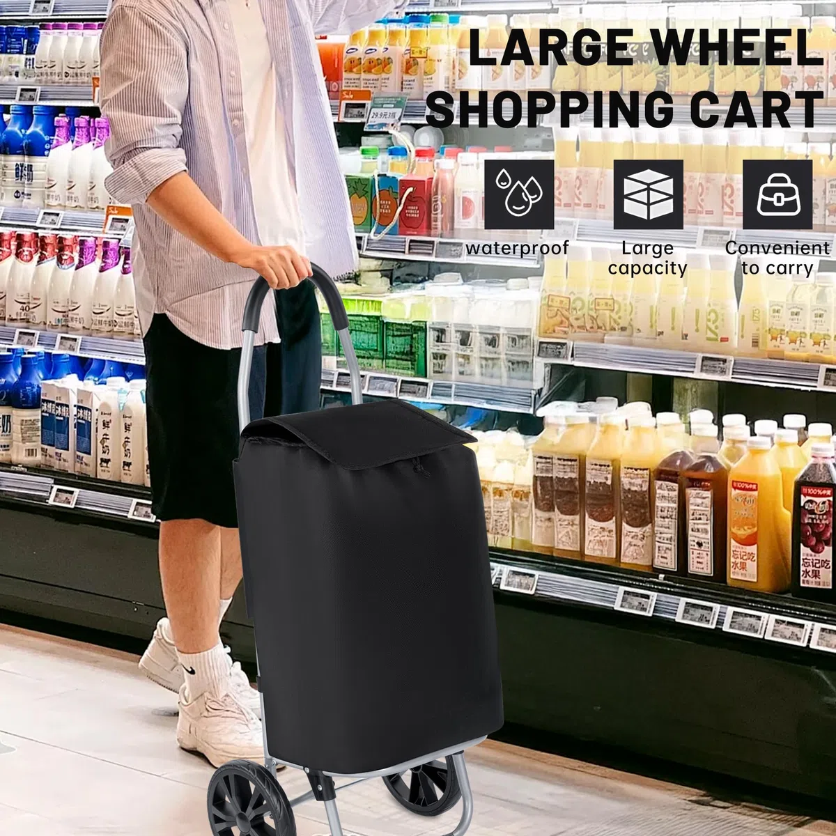 Carro de Compra Plegable 2 Ruedas Grandes | Carrito de la Compra Ligero con Bolsa Impermeable y Desmontable | Carga hasta 25kg | Capacidad 35 litros | Multiusos Estructura de Acero Robusta