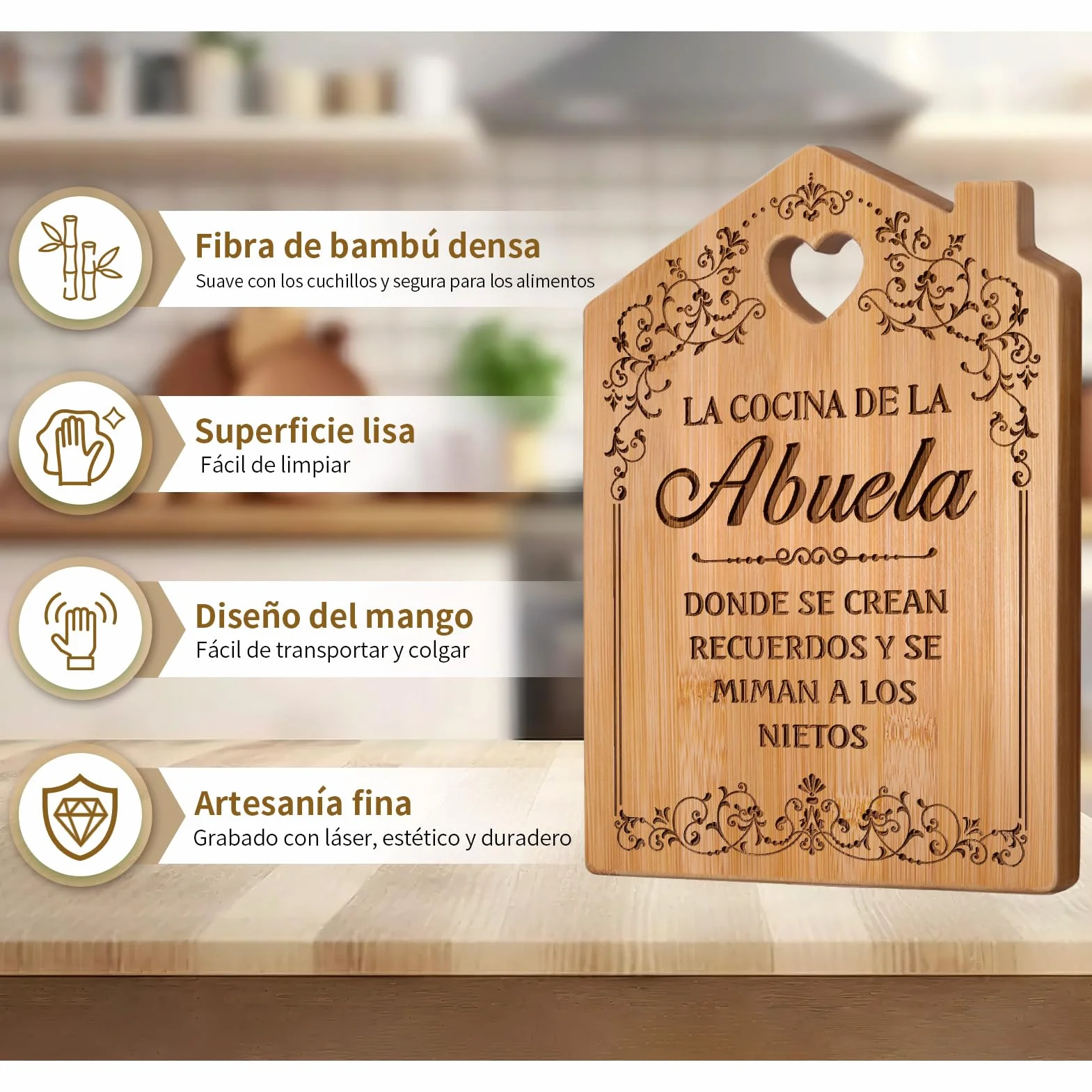 Regalo Abuela, Regalo Abuela Cumpleaños - Tabla de Cortar de Bambú Grabada en Forma de Casa, Regalo Dia de la Madre Original