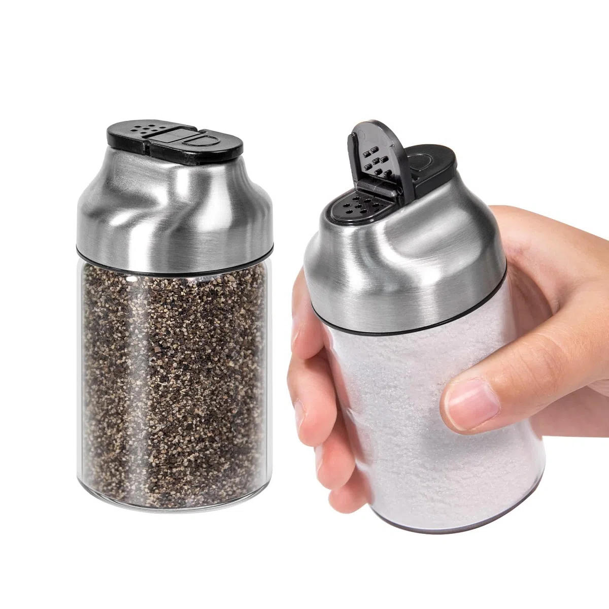 Aelga Juego de salero y pimentero de cristal 2 en 1 con tapa, bote de especias de 150 ml con agujeros para esparcir, dispensador de especias de vidrio borosilicato para cocina, barbacoa y accesorios
