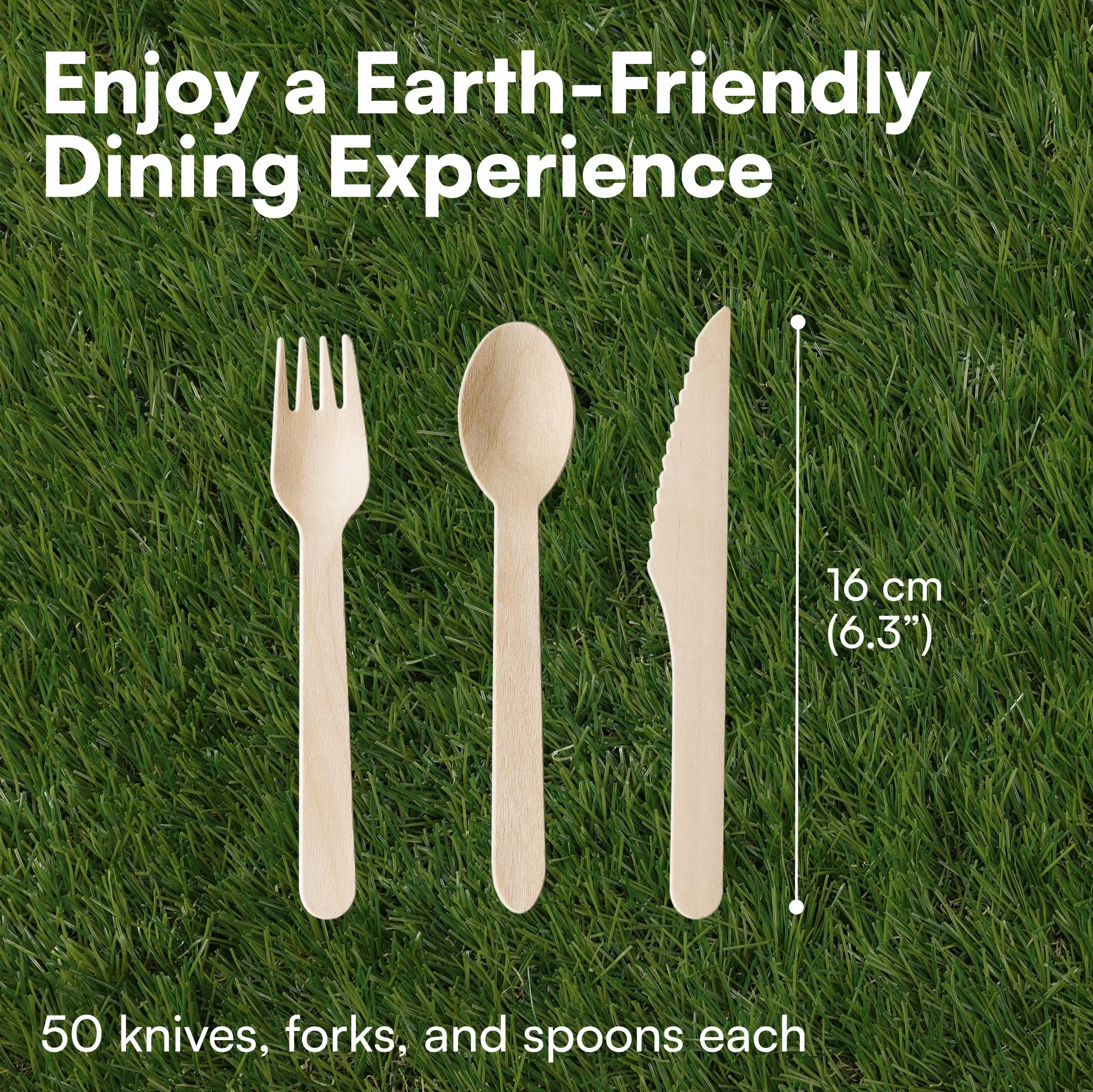 H&S [150 Piezas] Conjuntos de cubiertos de madera (Desechable Biodegradable) Para Fiesta - 50 tenedores, 50 cuchillos, 50 cucharas