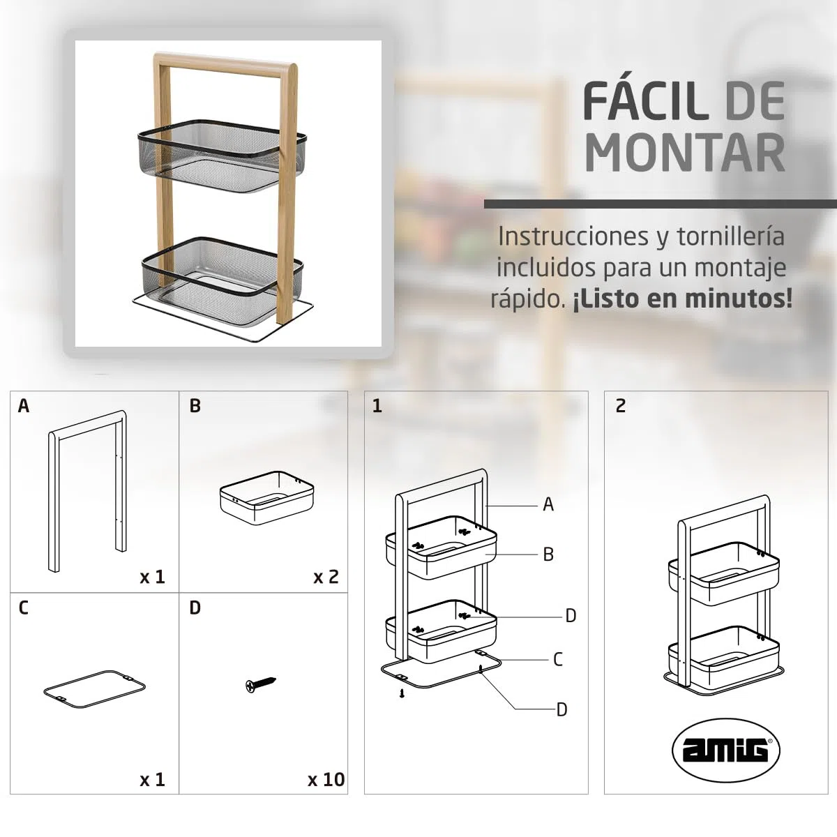 Amig - Frutero con 2 Cestos en Altura - Organizador de Cocina o Baño - Acero Negro y Bambú - Estante Multiusos para Tarros, Botes o Accesorios - 27 x 18 x 44 cm