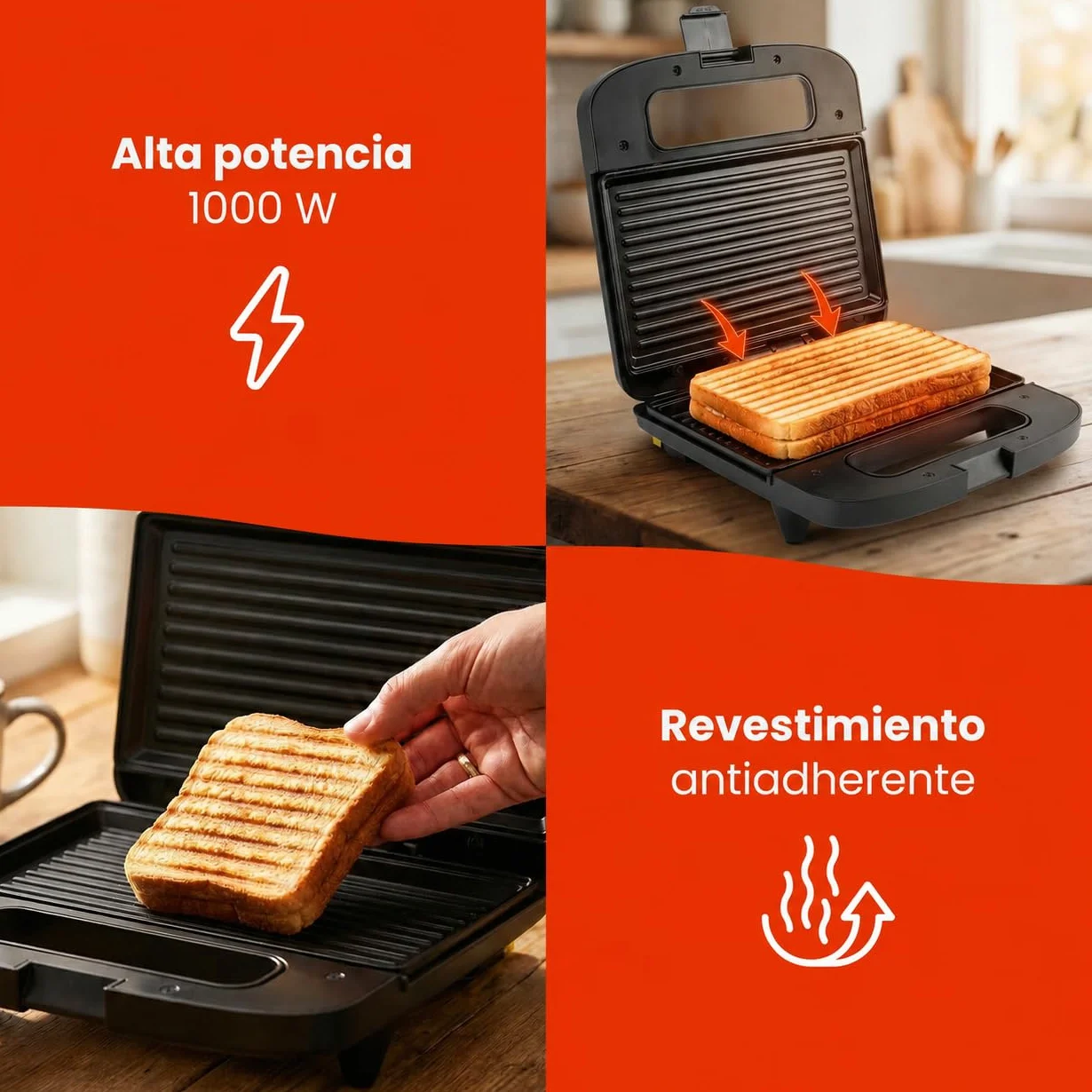 QuickBite - Tostadora de pan antiadherente 1000 W, panini y sándwiches, color negro