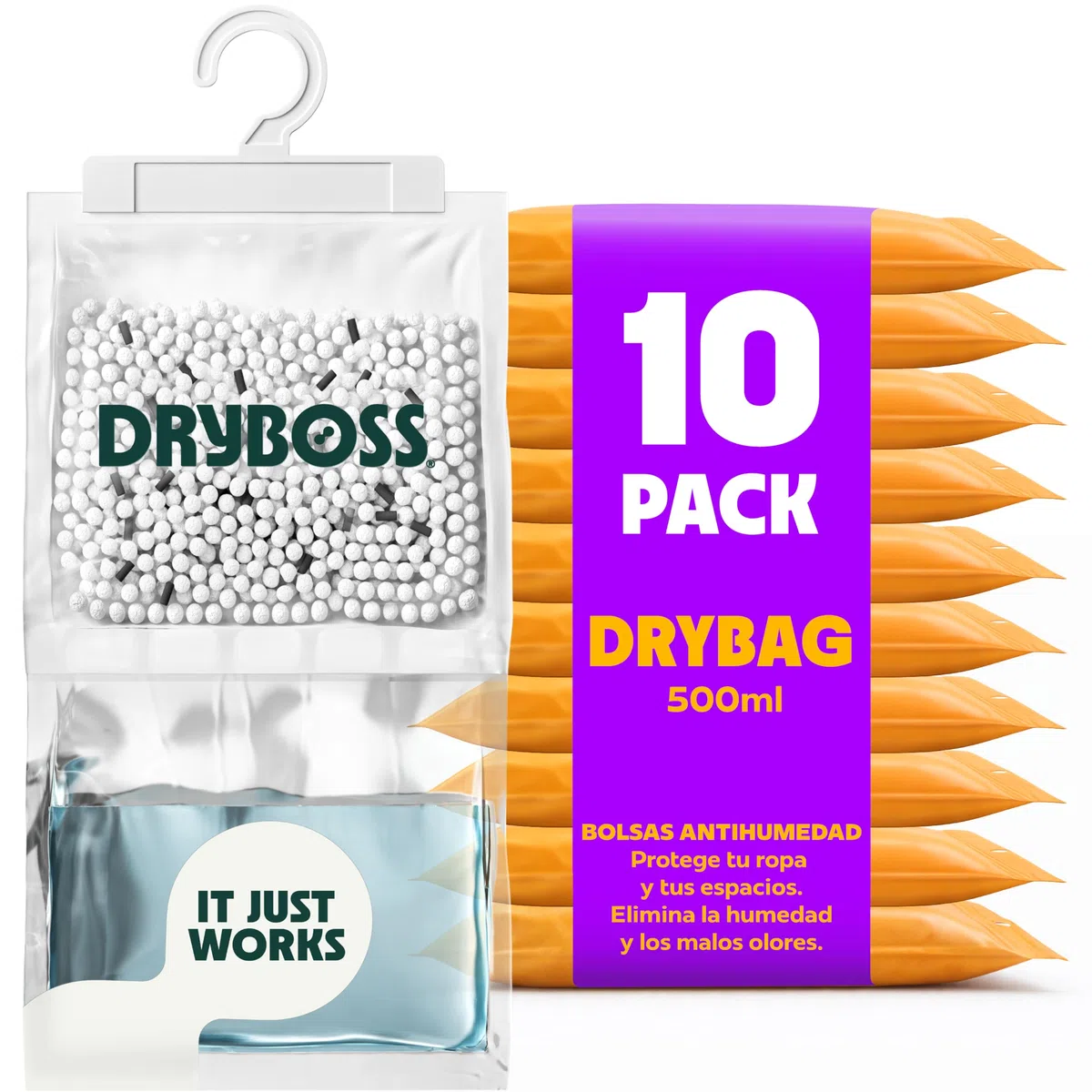 Bolsas Antihumedad Armarios XL - DRYBOSS - Deshumidificador para armario que absorbe humedad y condensación en pared, habitación, cajones y ropa, ayuda contra moho y olores - Pack 10 (2,5 kg)