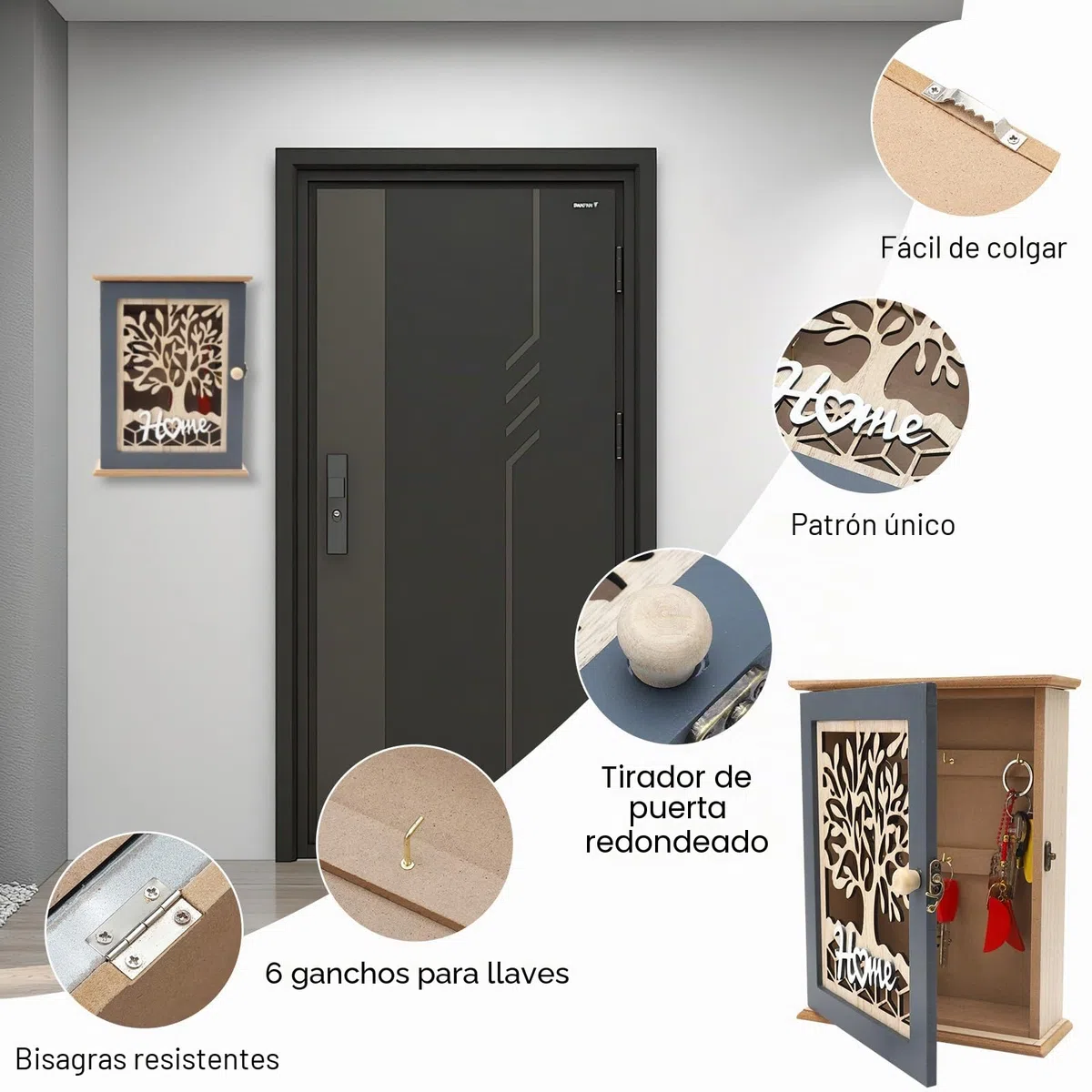 cuelga Llaves Pared, Caja Llaves Pared, Porta Llaves de pareds, Armario Llaves pareds con 6 Ganchos, Caja Grande para Llaves, Joyas, Objetos