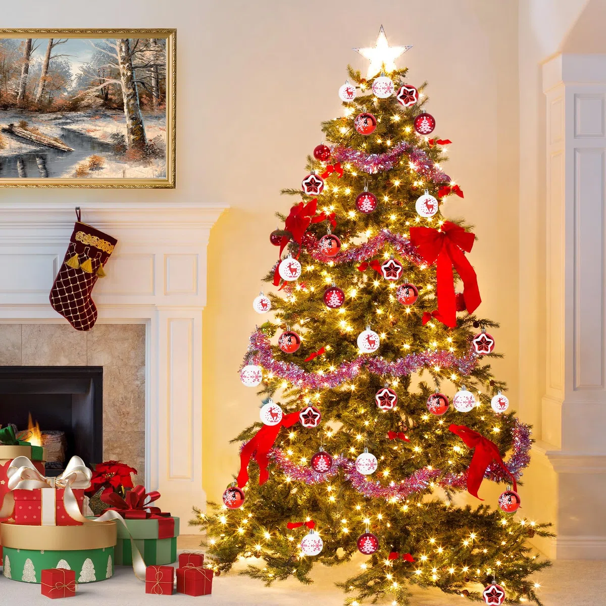 Juego de 12 bolas de Navidad de plástico brillantes, adornos para árbol con ganchos, 6 cm