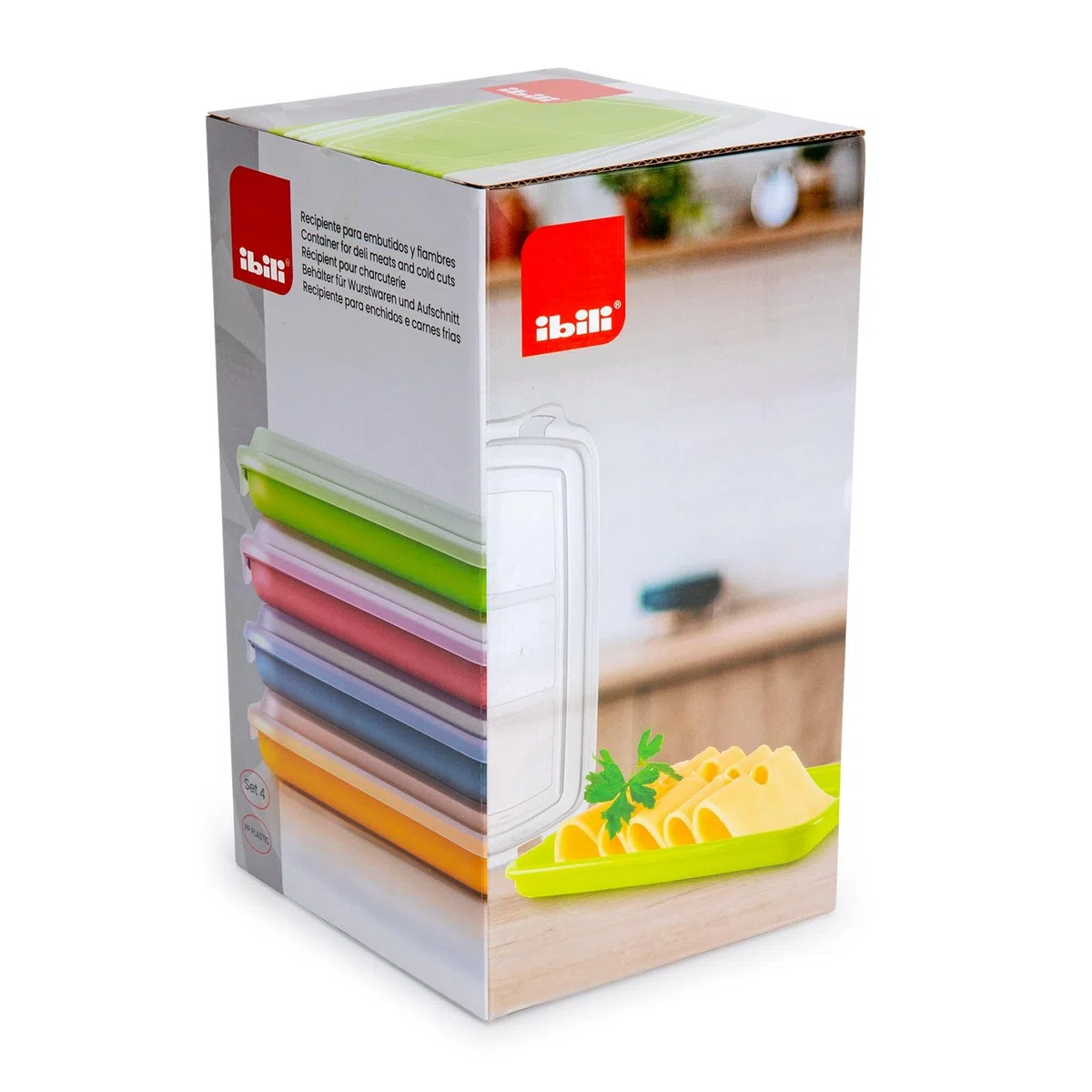 IBILI - Set de 4 Tapers para Embutidos y Fiambres, 4 tapers de 24,8 X 14,4 X 3,3 cms, Plástico Libre de BPA, Reutilizable, Amarillo + Rojo + Verde +Azul