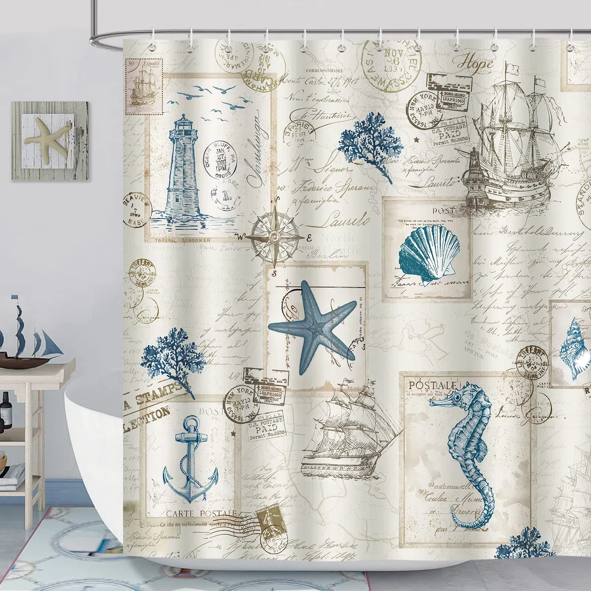 Bonhause Cortina de Ducha Náutico Ancla Faro Velero Cortina de Baño de Poliéster Impermeable Antimoho Lavable Cortina Ducha 180 x 180 cm con 12 Ganchos