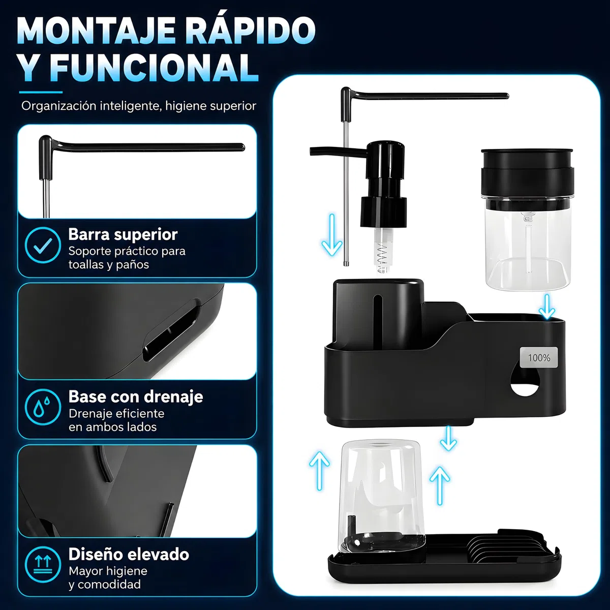 Dispensador Jabon Cocina - Dosificador Jabon Cocina - Jabonera Cocina - Organizador Cocina - Organizador Fregadero Cocina - Soporte Estropajo Fregadero (Negro)