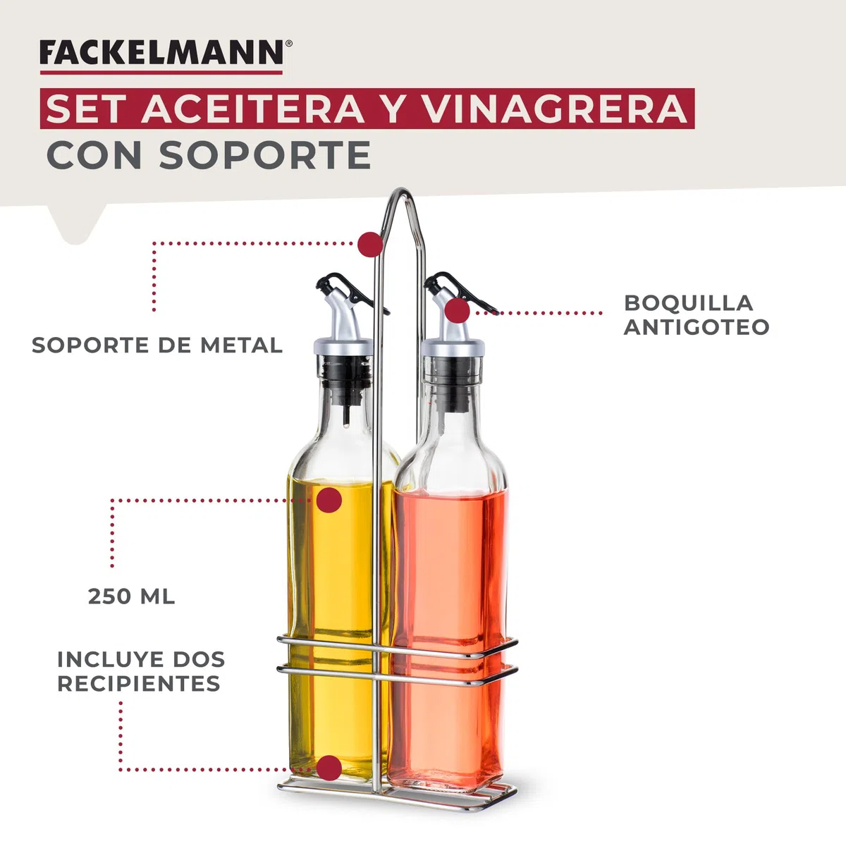 Fackelmann Set Aceitera y Vinagrera con Soporte, Incluye 2 Botellas de Vidrio de 250 ml y Rack, Conjunto Estable, Duradero y Decorativo, Apto para Lavavajillas, 30x12x6 cm