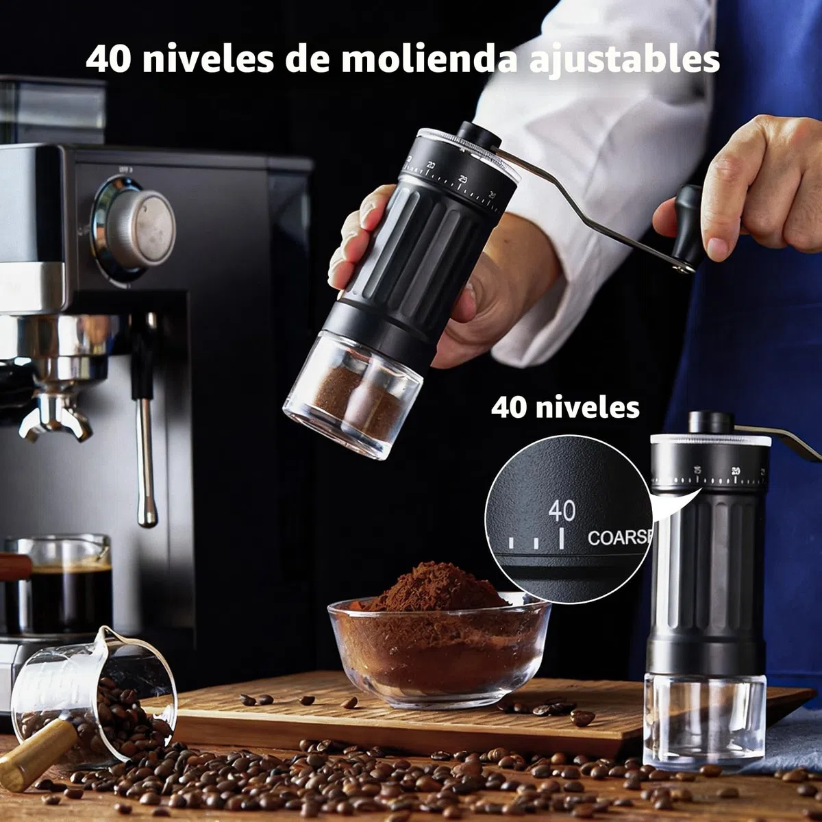 Molinillo de café manual, molinillo de café manual portátil con capacidad de 30g, 40 ajustes ajustables, muela cónica con mango ergonómico para Espresso, Pour Over y más