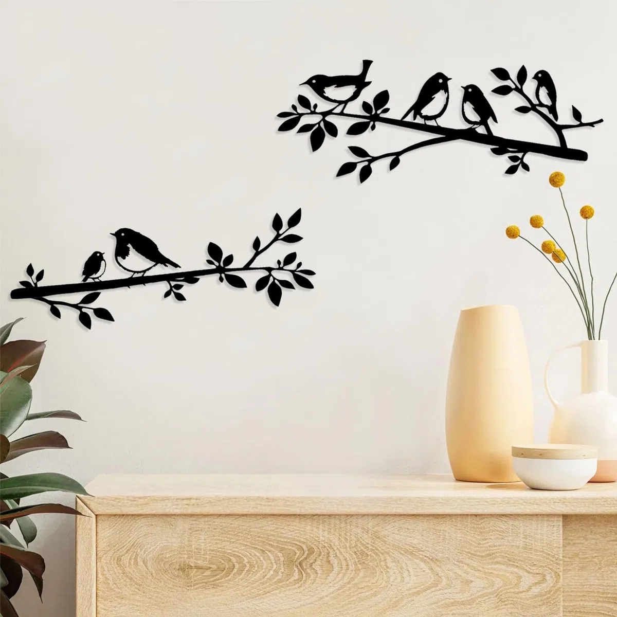 Pduoduo Decoración de pared de metal con diseño de pájaro en rama, silueta enamorada para salón, jardín