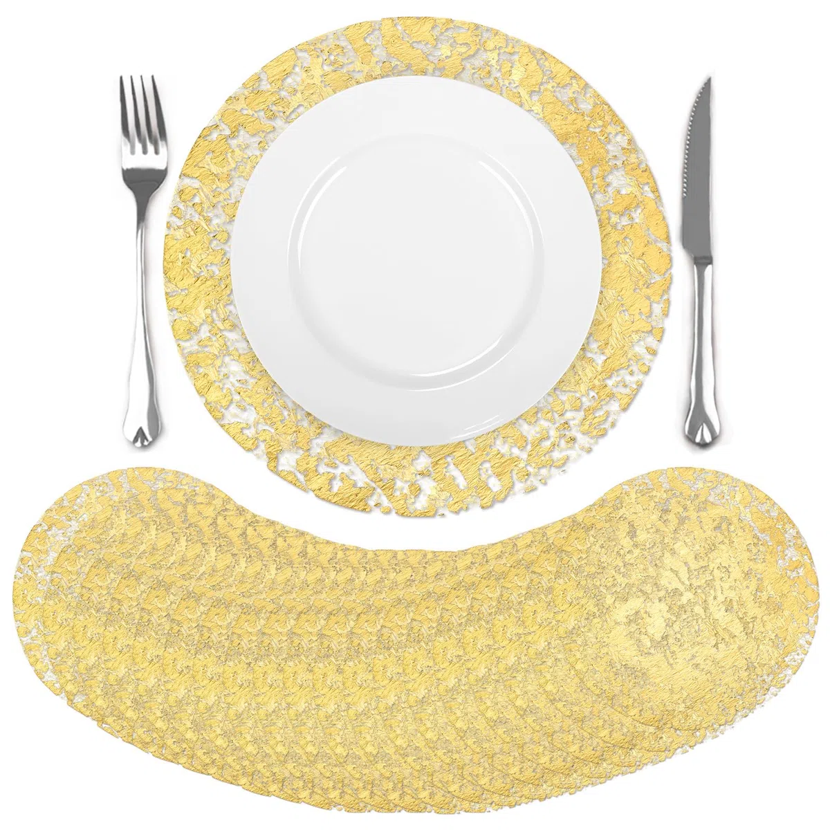 comfoyar Juego de 50 Manteles Individuales Redondo Desechables Oro, 33cm Salvamanteles Individuales de Manteles Metálicos con Malla Metálica Prensada para Comidas Bodas Cumpleaños Decoración
