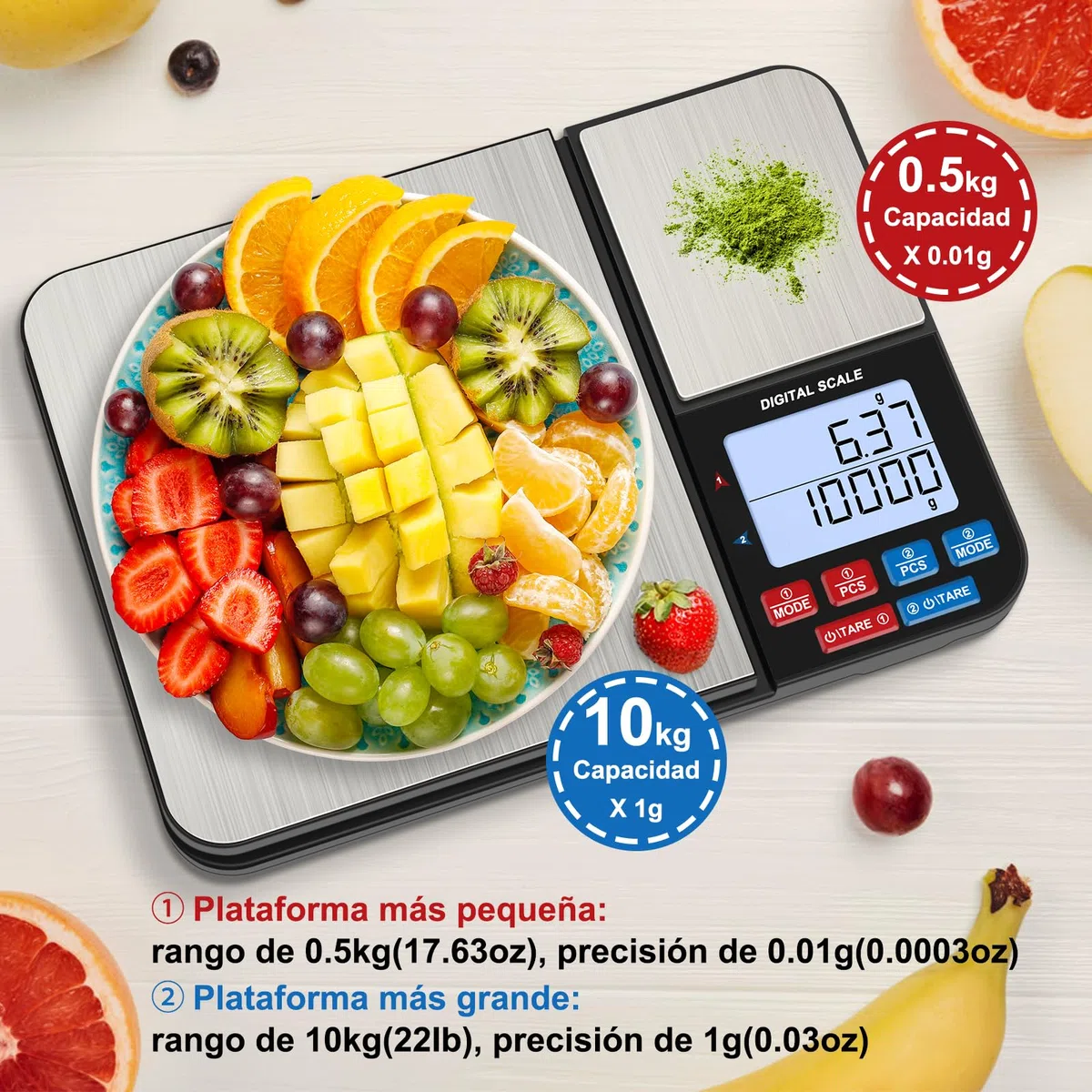 Balanza Cocina de Precisión 10kg, [0.01g-10KG] Diyife Balanza Cocina de Acero Inoxidable,Acero Inoxidable Bascula de Precision,con 2 Pantalla LCD y Función de Tara,Baterías Incluidas