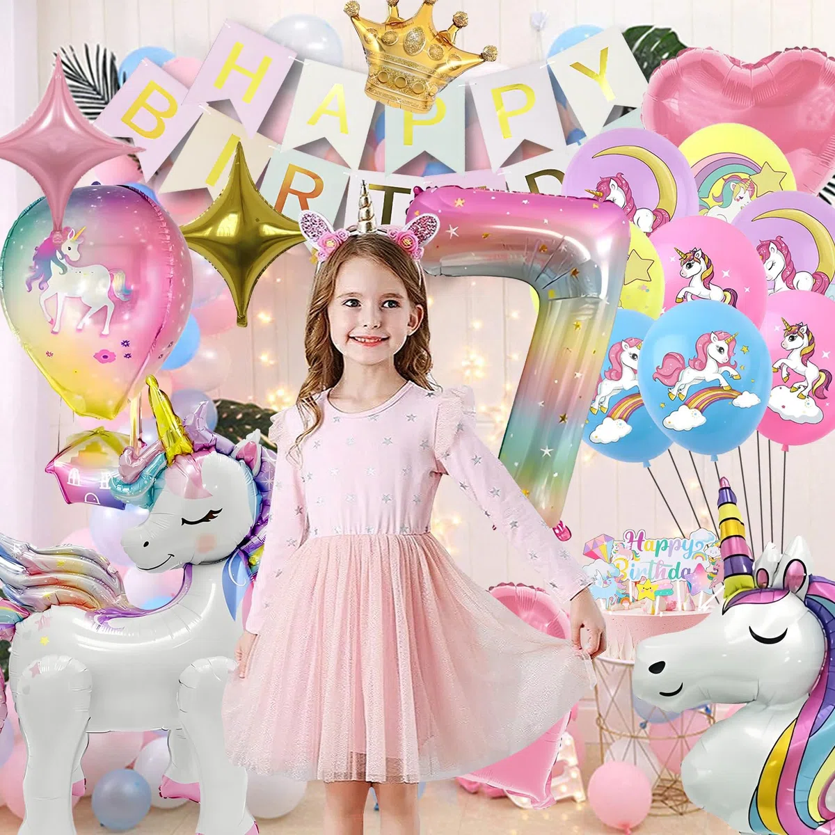 Decoracion Cumpleaños Unicornio Niña 7 Años, 3D Globo de Cumpleaños Unicornio Infantil Decoraciones Tartas y Bandera (Kit Unicornios para Niñas 7 Años)
