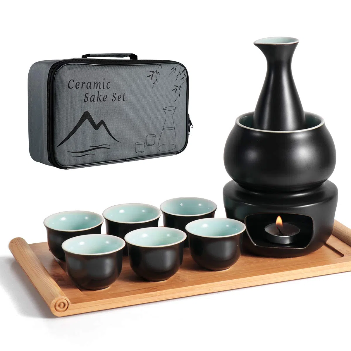 LOUTYTUO Juego de Sake de cerámica + Bandeja de bambú para Olla más Caliente, Bebida Saki Caliente de cerámica Segura para Estufa, Caja de Regalo de Almacenamiento de Sake de 10 Piezas