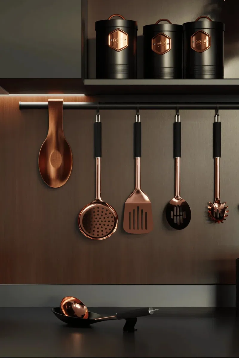 ️ ● Juego De 2 Reposa Cucharas Cocina ● Apoya Cucharas Cocina Negro Y Cobre ● Accesorios De Cocina ● Accesorios Cocina Originales