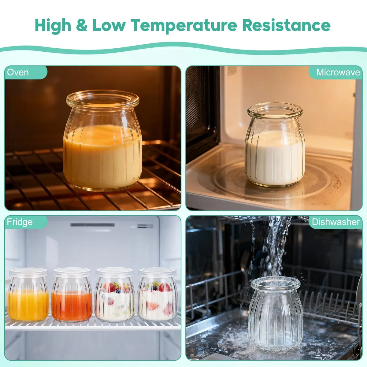 Hejo 12 Piezas Vasos Yogurtera con Tapa, 200ml Tarros de Yogur con Tapa Reutilizables, Frascos de Vidrio Pequeños, Tarros de Cristal Portátiles para Yogur Avena Mermelada de Especias(Raya)
