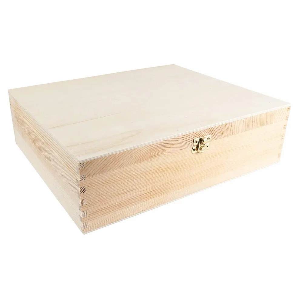 Caja de vino de madera con tapa, 3 compartimentos interiores, 35 x 30 x 10 cm, con cierre de metal dorado, ideal para manualidades y pintura, caja de madera DIY