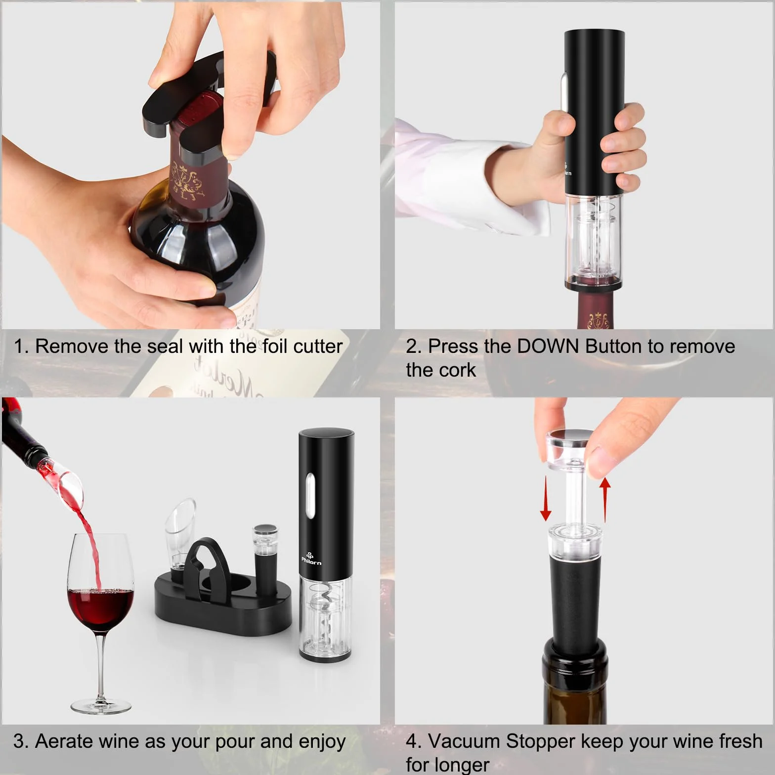 Philorn Abrebotellas de vino eléctrico, sacacorchos eléctrico automático, regalo para el hogar, fiesta, bar, al aire libre (abridor de vino eléctrico)