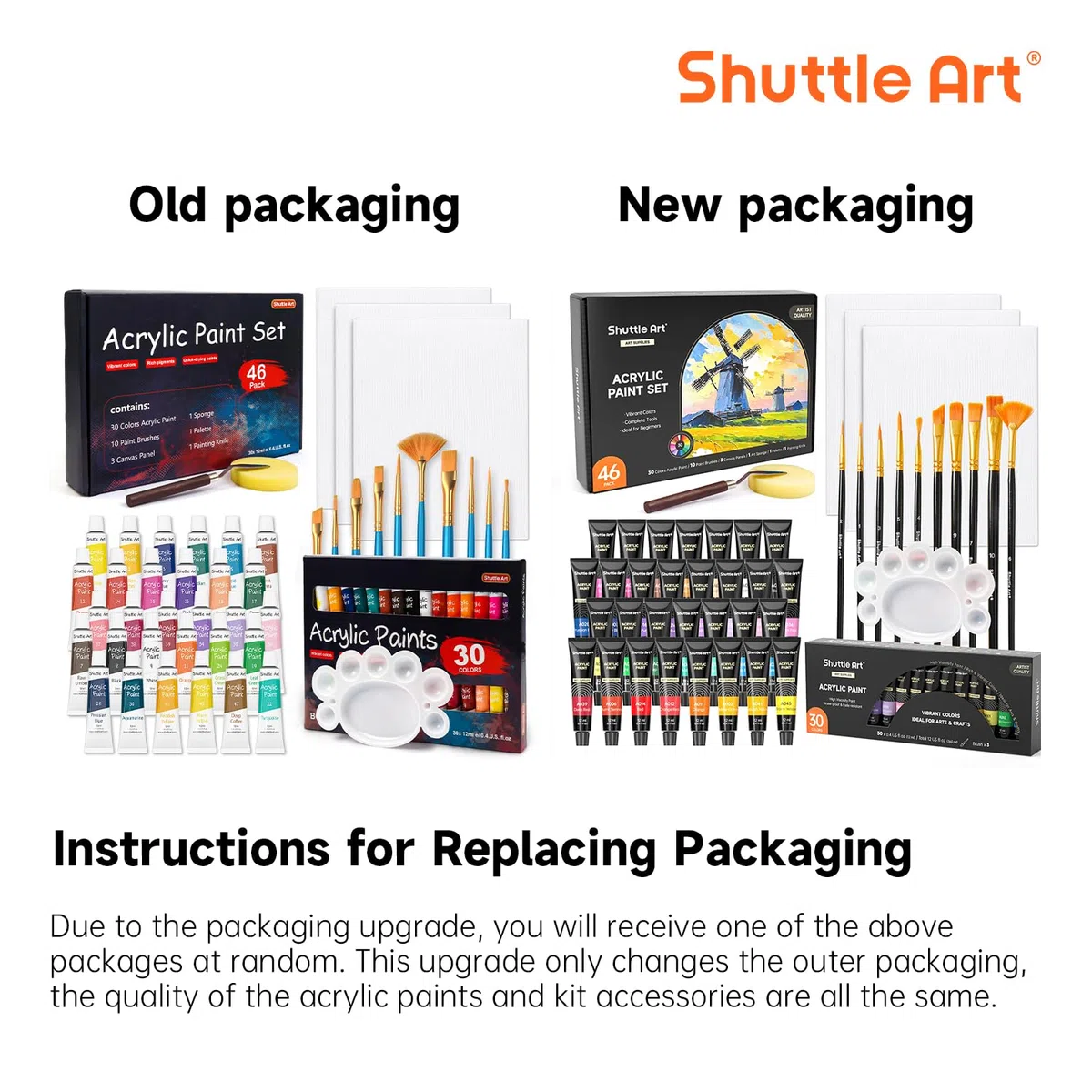 Shuttle Art 46PCS Kit Pintura Acrílica, 30 Colores Tubo (12ml) de Acrilicos para Pintar Incluye 10 Pinceles y 3 Lienzos, Pigmentos No Tóxicos, Pintura Acrilica Manualidades Ideal en Lienzo,Tela,Vidrio