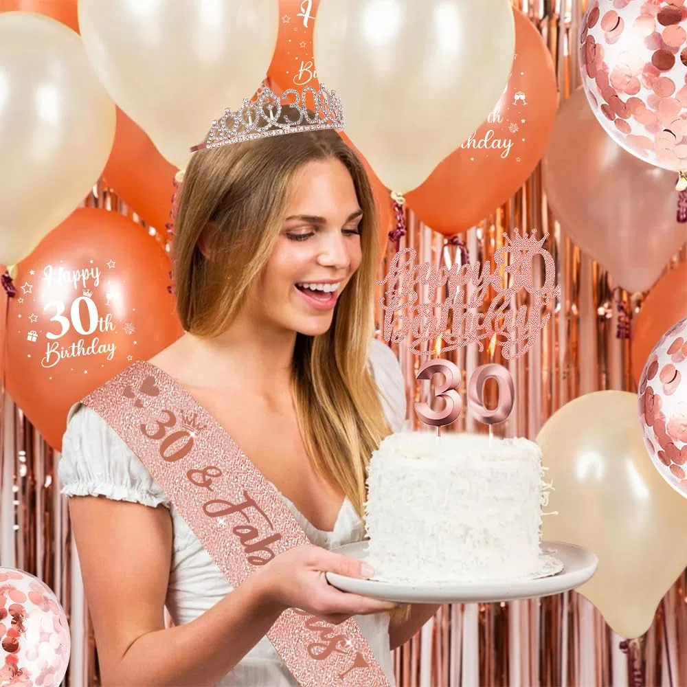 50 Años Corona Banda Mujer Tiara y Faja de Oro Rosa, Globos, Velas Números 50, Topper de Tarta, Decoración Fiesta Cumpleaños