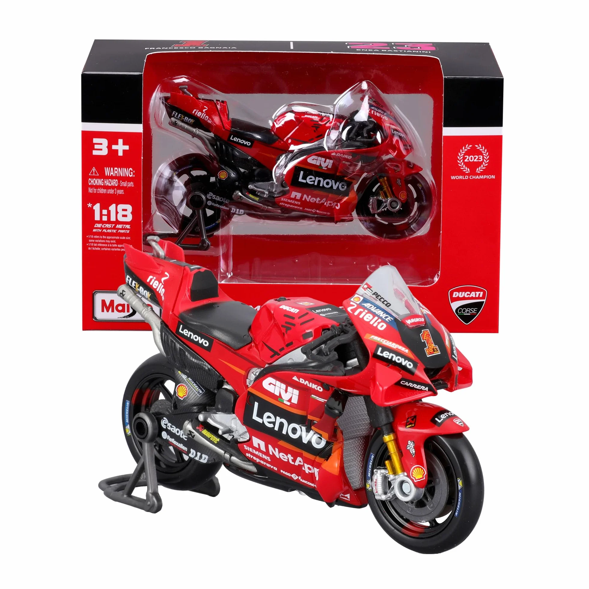 Maisto - Ducati Lenovo Team 2023 Bagnaia #1 - Maqueta Realista de Moto a Escala 1:18, Licencia Oficial Ducati, Edad Recomendada 3+ años