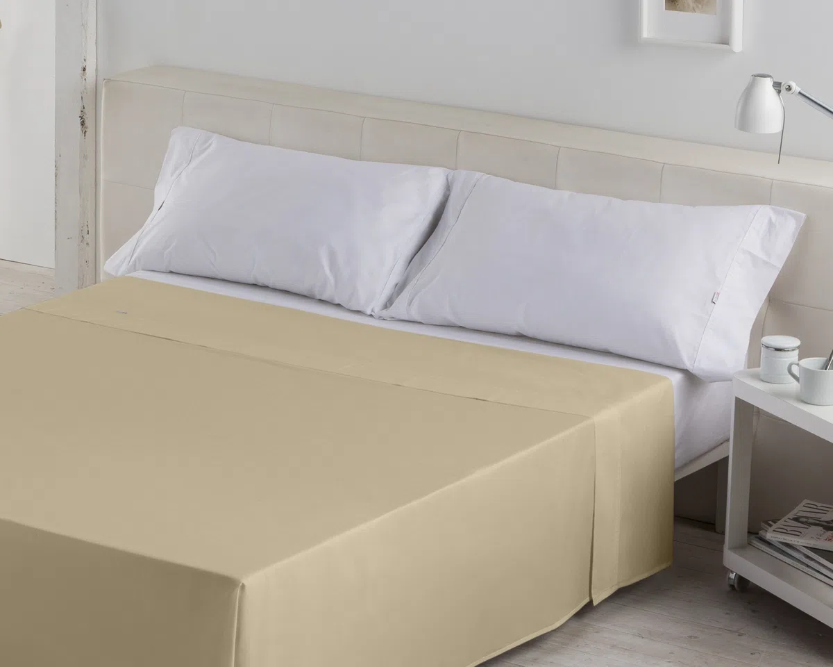 ESTELA - Sábana encimera Combi Liso Cala Color Camel - Cama de 90 cm. - 100% Algodón - 144 Hilos
